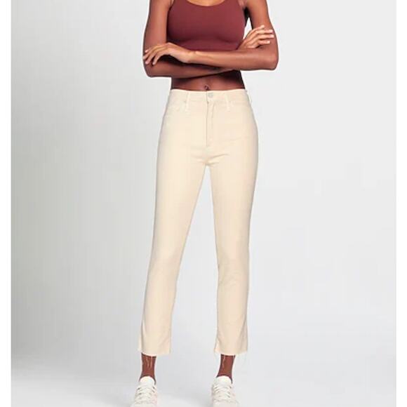 Mother High Waisted Rascal Ankle Fray Chalk Ivory Cream Beige Jeans